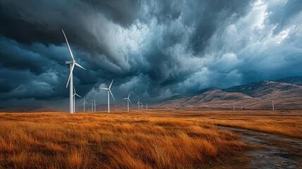 Landscape with futuristic wind turbines under dramatic sky representing renewable energy, technology, and nature