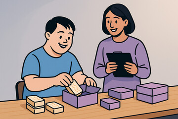 Intellectually disabled man working with support staff packing boxes in vocational support illustration