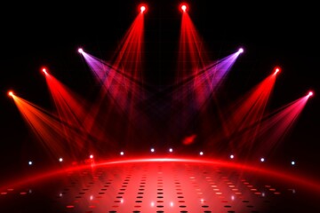 Colored spotlights are shining across perforated reflective stage floor in flat design