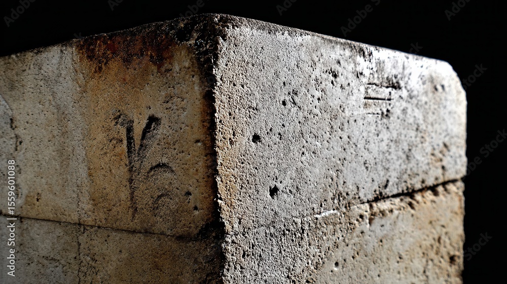 Poster close-up of a weathered stone block with markings.