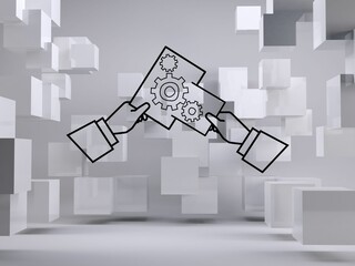 Cogs graphic in grey room with cubes