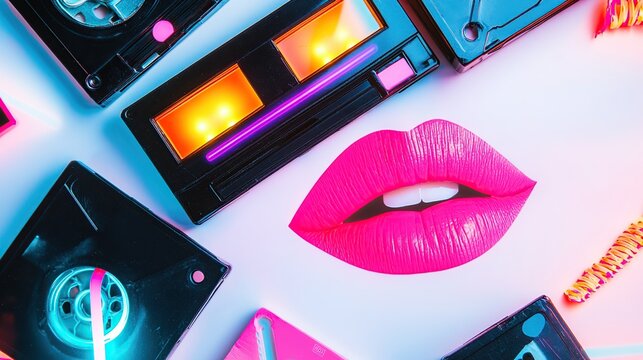 80s synth aesthetic collage with cassette tapes and elegant lips