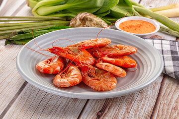 Delicous boiled tiger prawn with sauce