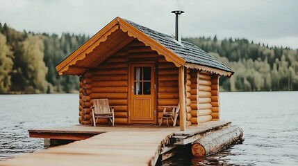 Picturesque log cabin nestled on a tranquil lake, a serene natural retreat