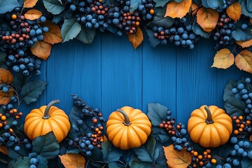 Autumnal arrangement of pumpkins grapes and leaves on a blue wooden background with copy space