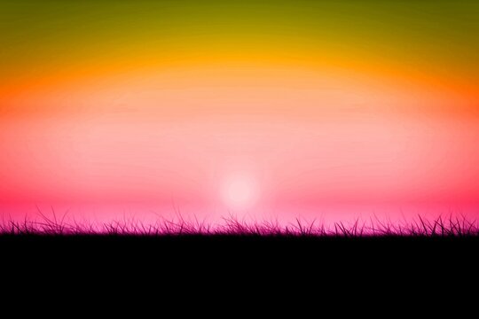 Fototapeta Showing flat design grass silhouette waving, sun dipping at horizon over pink to green gradient sky