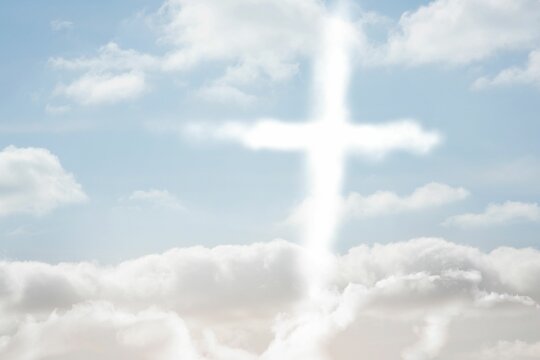 Fototapeta Bright cross beam piercing through white and gray cloud layers in flat design, pale blue sky