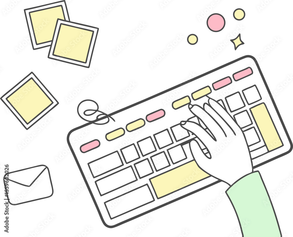 Poster a stylized illustration of a hand typing on a computer keyboard with colorful keys surrounded by sti