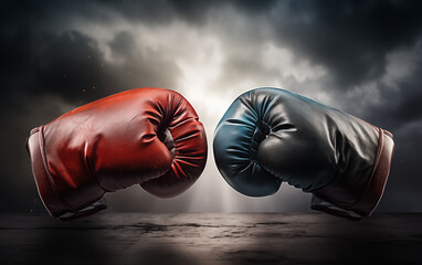 Two boxing gloves facing each other in a dramatic, intense atmosphere boxing