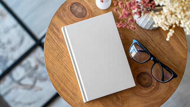 Closed book with glasses and dried flowers on wooden table near window
 - Powered by Adobe