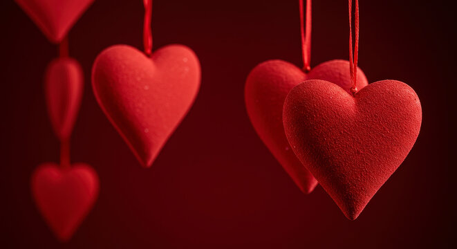 Close Up Of Red Glitter Hearts Hanging Against A Dark Background For Valentine's Day Decorations
