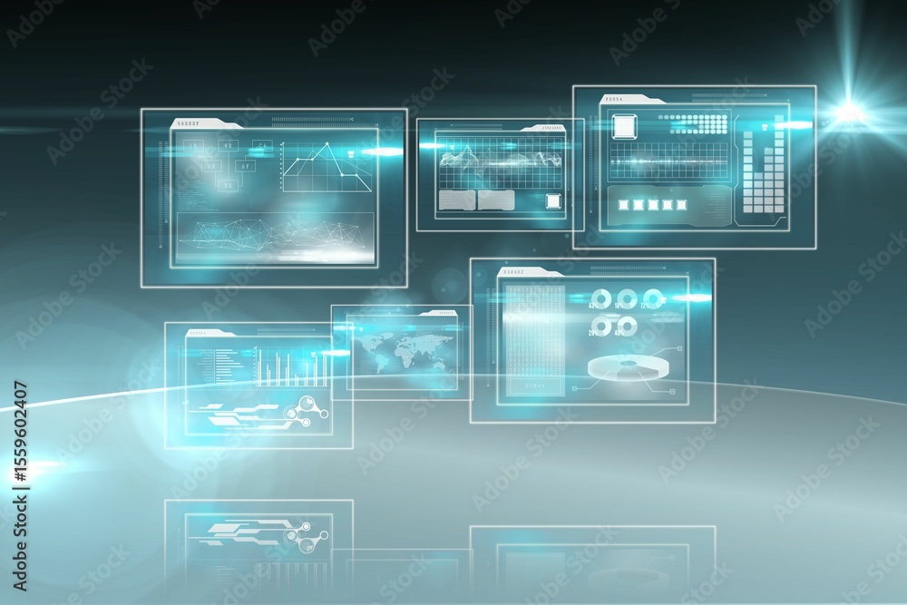 Fototapete Holographic panels are floating over platform in futuristic UI and displaying line graphs and map