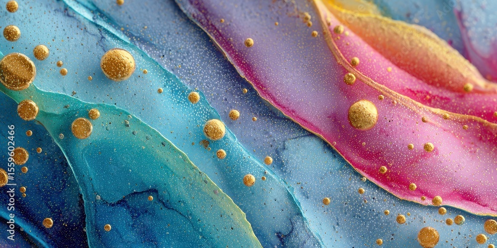Poster abstract fluid art with golden spheres isolated-3d-backgroung-image