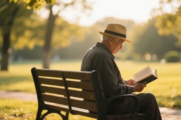 Fototapeta premium Elderly man reading a book while sitting on a bench in a sunny park