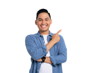 Smiling young Asian man in casual shirt pointing fingers aside at copy space for your advertisement isolated on transparent background