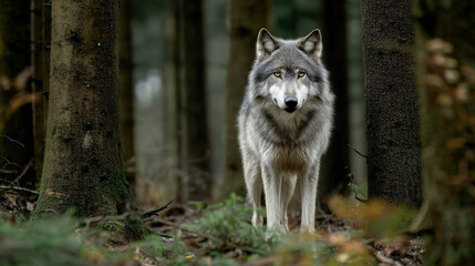 Fototapeta premium A gray wolf stands alert in the middle of a dense American forest, surrounded by trees and nature, wild animal in its natural habitat, majestic and cautious pose.