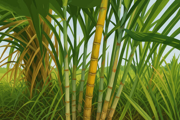This image illustrates a close-up view of sugarcane plants growing in a lush green field. The tall, jointed stalks of sugarcane are shown in detail, with hues of yellow and green, surrounded by long, 