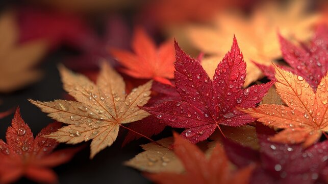 Close up of wet autumn maple leaves in vibrant red and orange colors