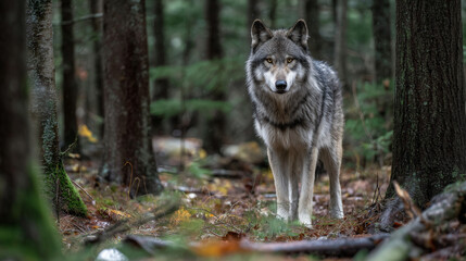 Naklejka premium A gray wolf stands alert in the middle of a dense American forest, surrounded by trees and nature, wild animal in its natural habitat, majestic and cautious pose.