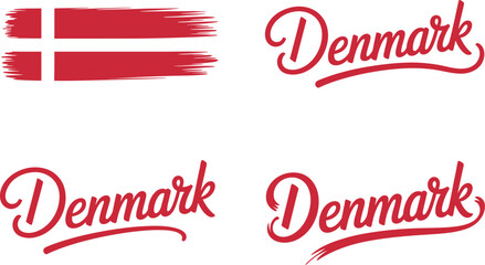 Denmark painted flag style hand lettering vector with curved red font for travel sticker or cultural branding  