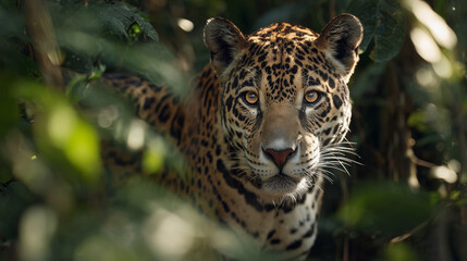 Obraz premium A majestic jaguar standing alert in the dense jungle, surrounded by lush green foliage, showcasing its strength, agility, and wild natural habitat in vibrant detail.