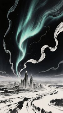 A futuristic cityscape under a mesmerizing aurora with swirling patterns in the night sky