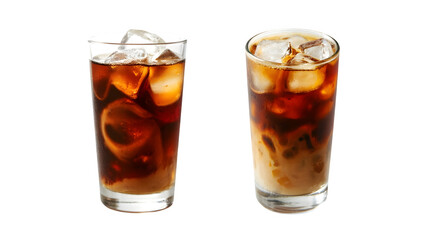 Chilled coffee served with ice in a glass, set against a white background

