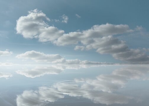 Fototapeta Flat design showing clouds drifting on mirrored water with concentric ripple forming focal point