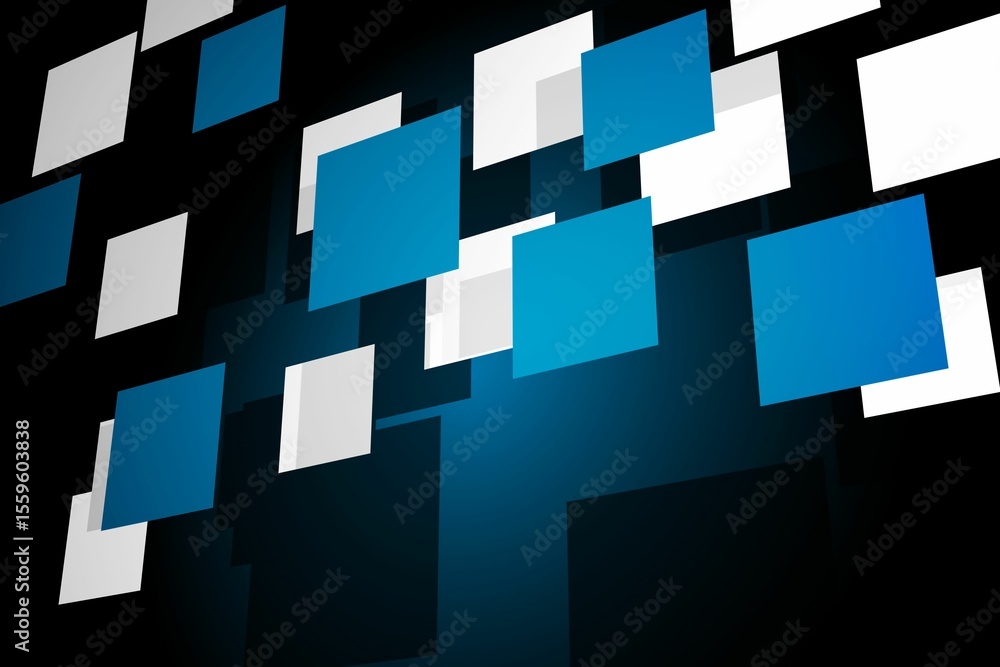 Poster overlapping blue and white squares are floating in abstract graphic on blue-black gradient backdrop
