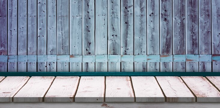 Fototapeta Wooden plank tabletop is stretching across flat design, featuring muted blue wall and support beam
