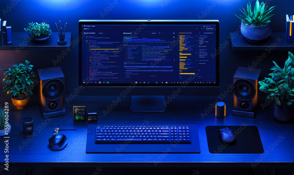 Poster dark mode computer desktop setup with code editor on screen surrounded by speakers, plants, and mode