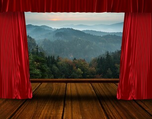 Flat design showing red velvet curtains framing wood stage planks with misty hills under rising sun