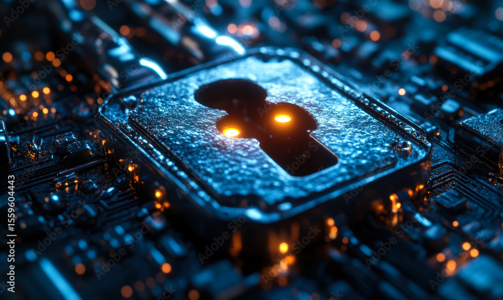 Poster close up of glowing keyhole lock on digital circuit board symbolizing cybersecurity and data protect