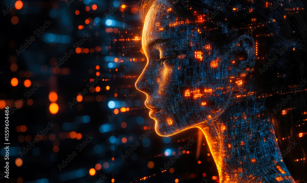 Poster futuristic female profile with glowing digital circuitry and abstract technology data visualization 
