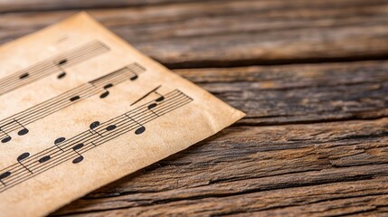 Aged Sheet Music with Black Notes on a Wooden Background Creating Vintage Atmosphere
