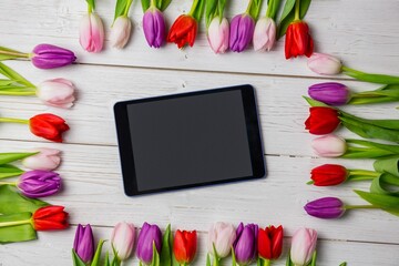 Tablet device is being shown in flat lay on white wooden table, with colorful tulip border