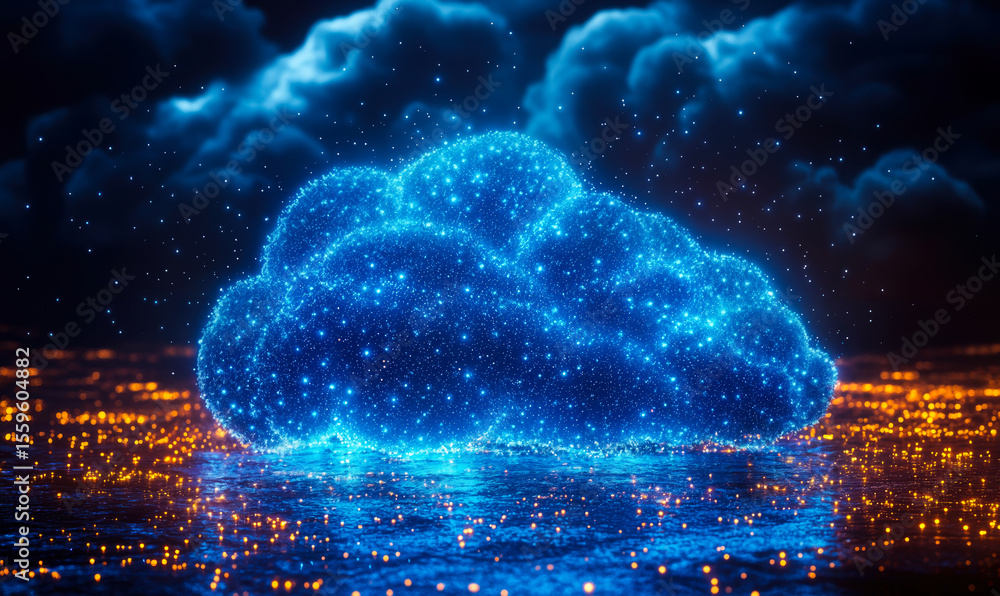 Poster glowing digital cloud of interconnected blue particles and points forming data network visualization