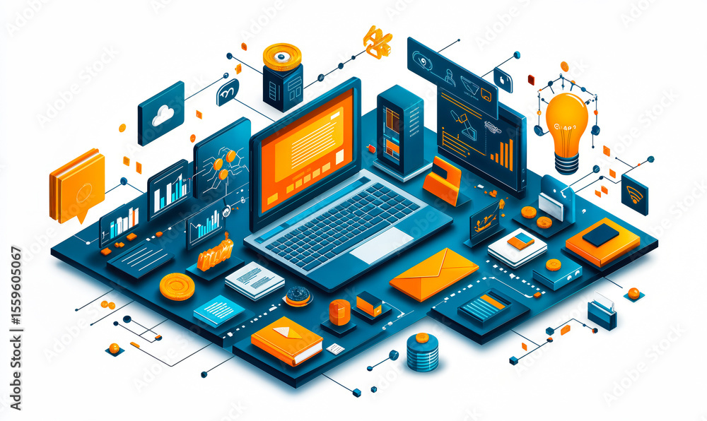 Poster isometric digital technology workspace featuring laptop computer, data analysis charts, cloud comput