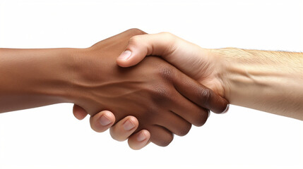 Unity in action. Close-up of interracial handshake on white background. Diversity, collaboration, and equality concept for social issues, teamwork, and inclusion campaigns.