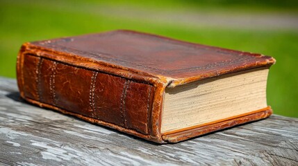 Obraz premium Antique Brown Leather Book on Weathered Wood