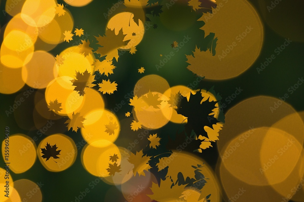 Poster multiple maple leaf silhouettes are floating over golden-yellow bokeh circles in flat design
