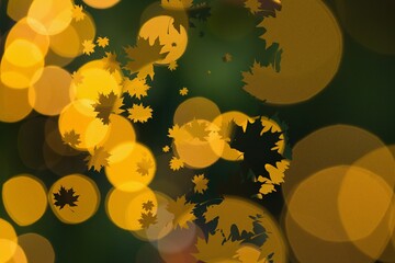 Multiple maple leaf silhouettes are floating over golden-yellow bokeh circles in flat design