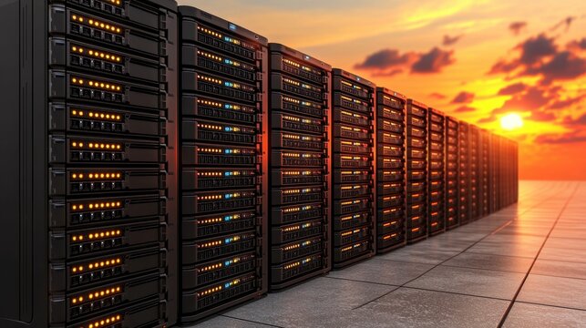 Array of Data Center Servers with Blinking Lights Against a Vivid Sunset Sky