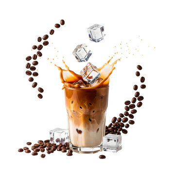A refreshing iced latte with ice cubes and roasted beans displayed on a white background. Copy space available.