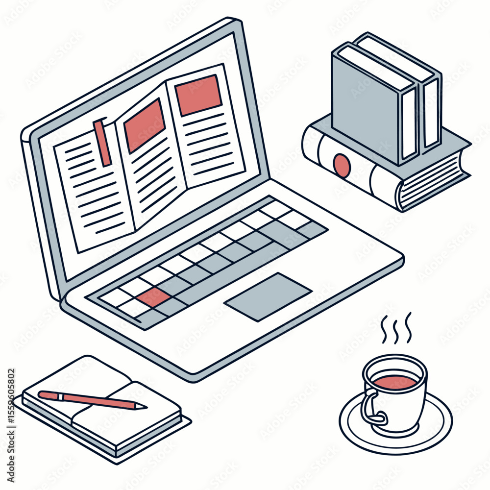 Poster isometric illustration of a modern workspace featuring an open laptop displaying articles stacked bo