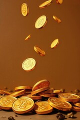 golden coins with symbol of Bitcoin cryprocurrency, falling