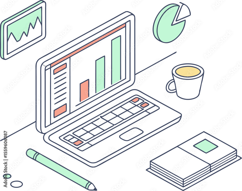 Poster isometric illustration of a modern desk setup featuring a laptop displaying bar and line graphs a pi