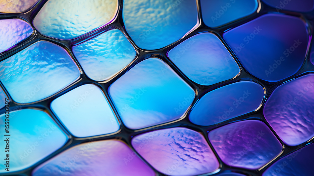 Poster abstract mosaic pattern with iridescent tiles and dark grout lines close up