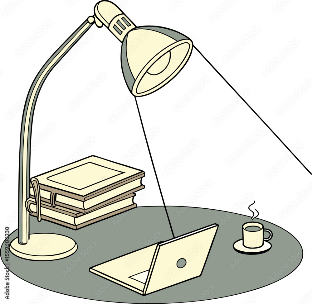 Poster a modern desk setup featuring an illuminated adjustable desk lamp shining on a stack of books next t