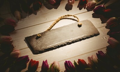 Flat design is showing rough slate sign with rope handle on whitewashed plank, tulip blossom ring